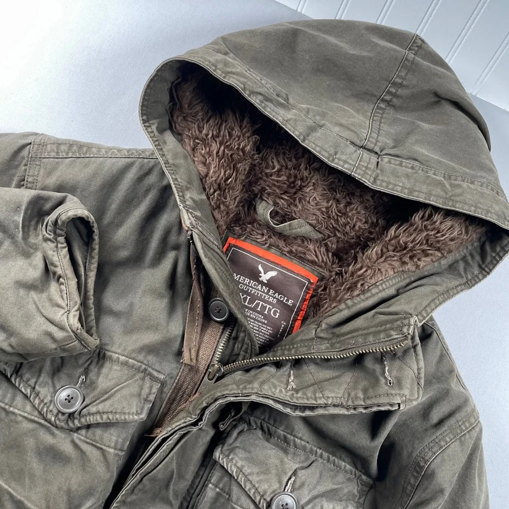 American Eagle Men XXL Faux Fur Lined Field Jacket Olive Green Hooded Parka Coat